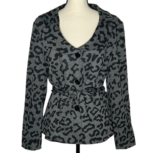 Sandro Gray And Black Leopard Print Waist Tie Button Down Jacket - Picture 1 of 11